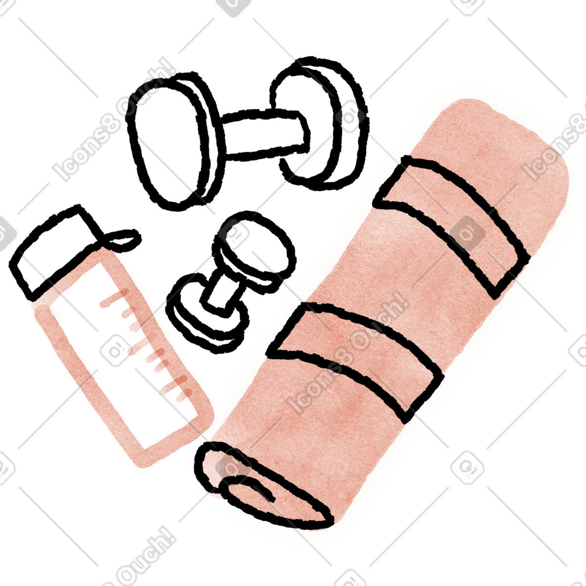 Anthropic Claude Hand Drawn 스타일의 Exercise weights beside rolled mat and reusable water bottle 일러스트레이션 PNG, SVG 다운로드