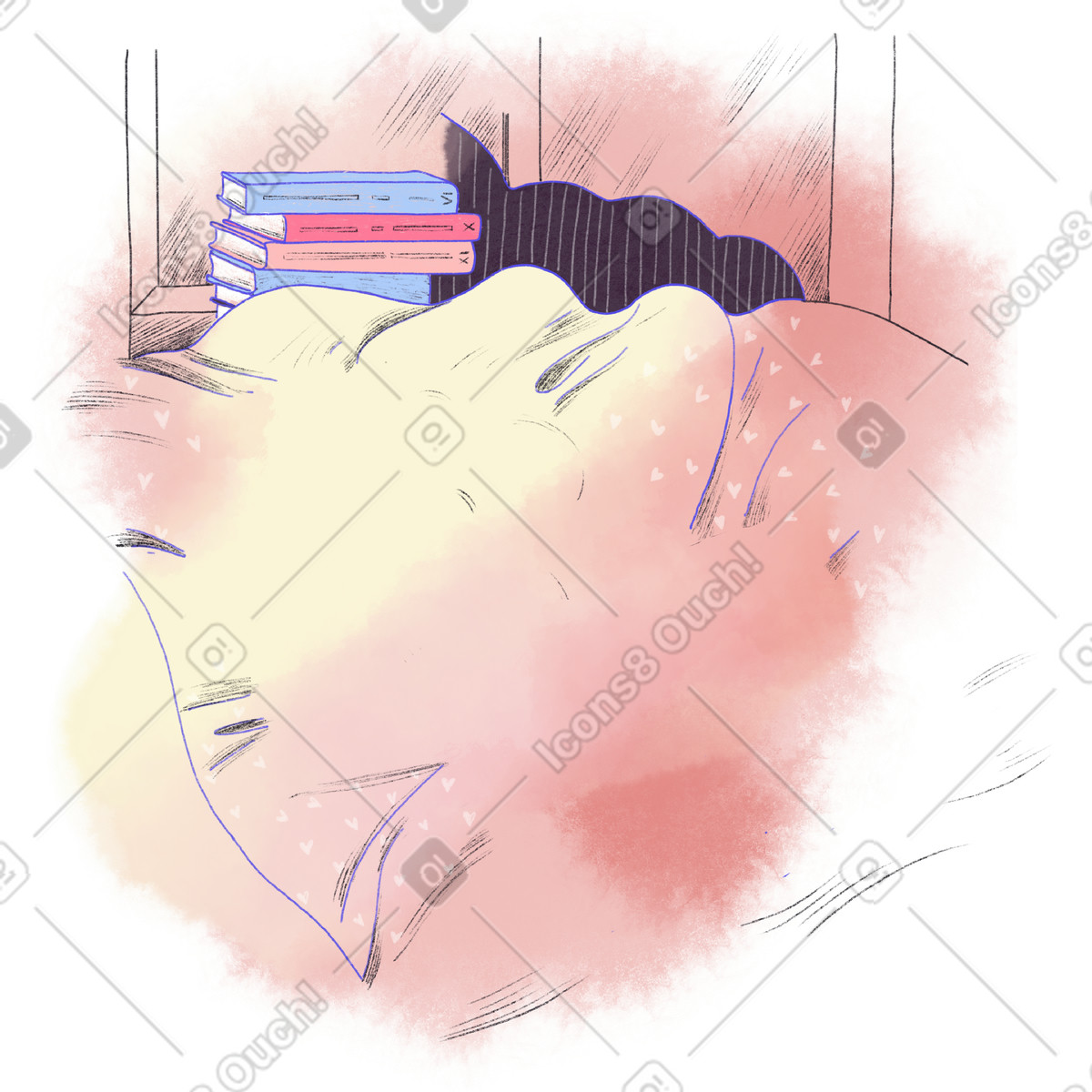 Stack of books next to the bed illustration in Moments style download in PNG, SVG