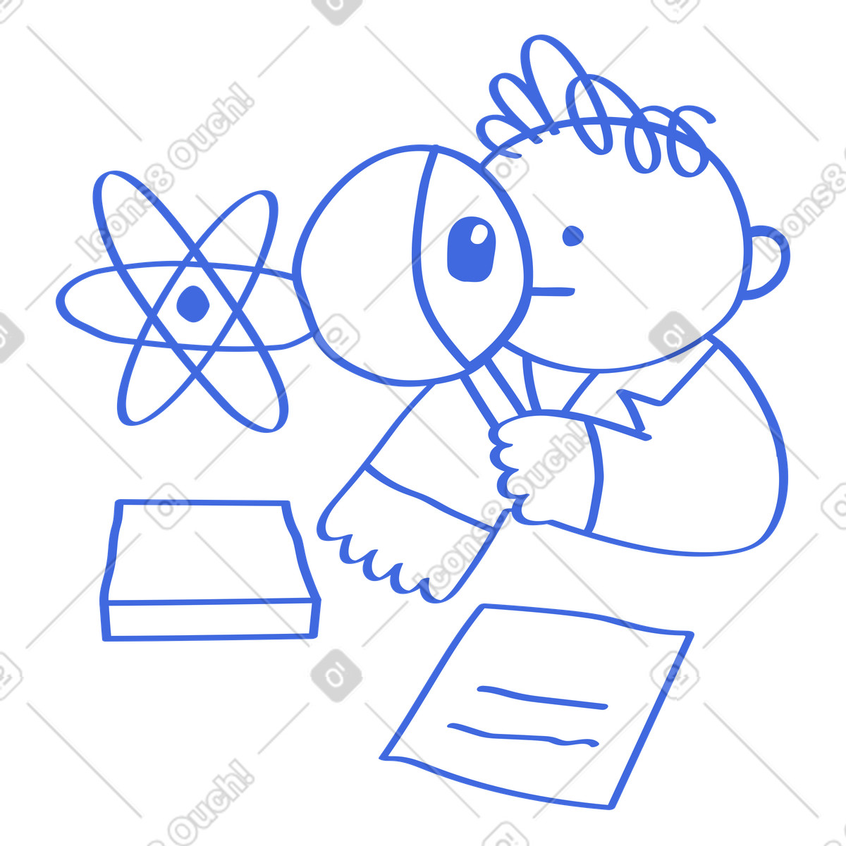Ballpoint Pen 스타일의 Scientist character holding magnifying glass observing atom symbol and documents 일러스트레이션 PNG, SVG 다운로드