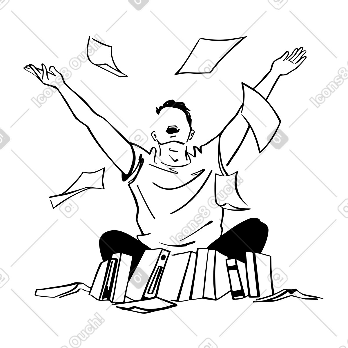 Man rejoicing at finishing his work or studies illustration in Line style download in PNG, SVG