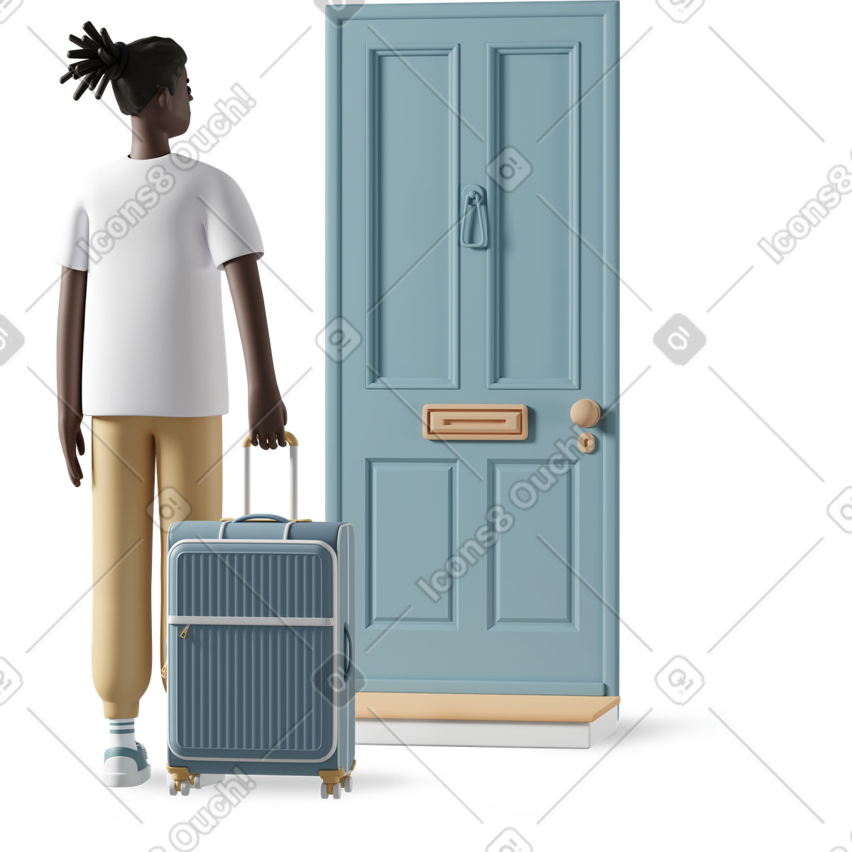 Boy with suitcase and door travel illustration in 3D Casual life style download in PNG, SVG