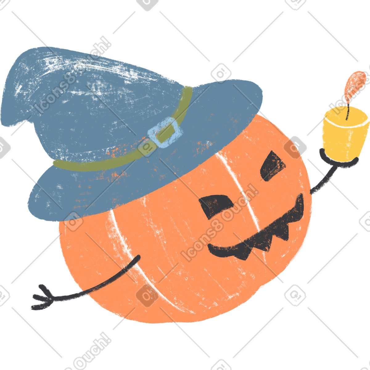 Ilustración Calabaza naranja con sombrero y vela en la mano. estilo Chalky a descargar PNG SVG