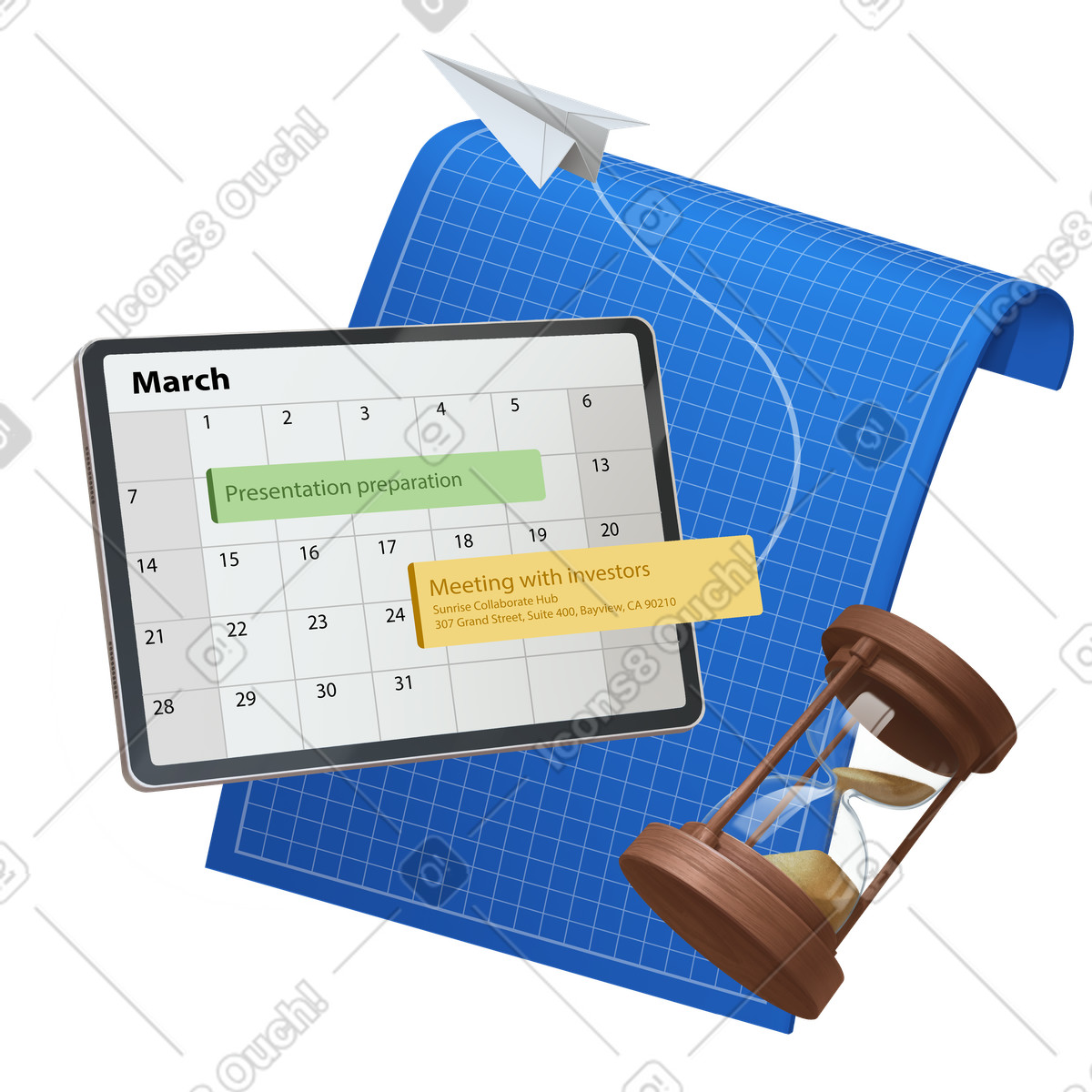Ilustración Blueprint, hourglass, and calendar app on tablet, Time management scheduling en estilo Props a descargar en PNG y SVG