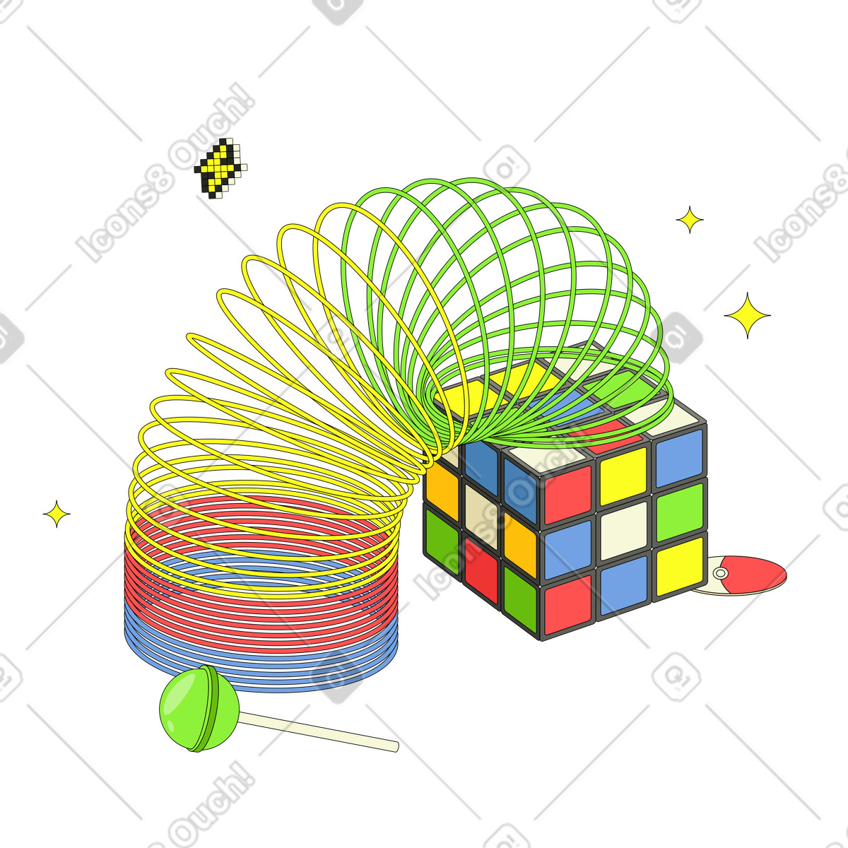 Ilustração de Brinquedo mola e um cubo mágico em no estilo Retro para baixar em PNG, SVG