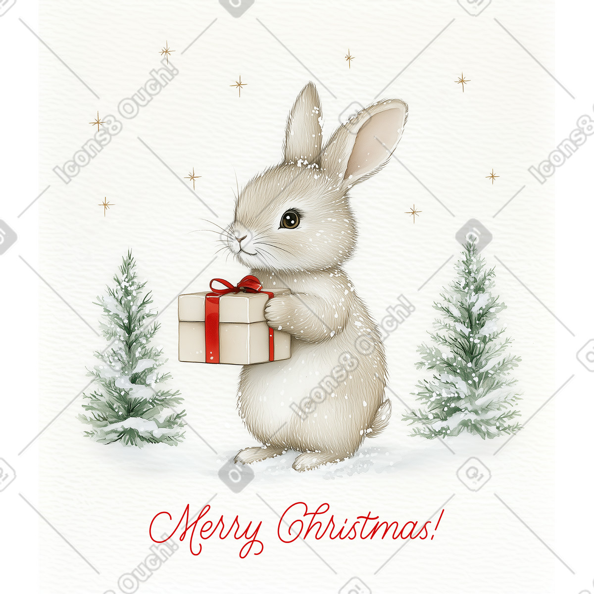 Christmas postcard rabbit with gift box and text Merry illustration in Postcards style download in PNG, SVG