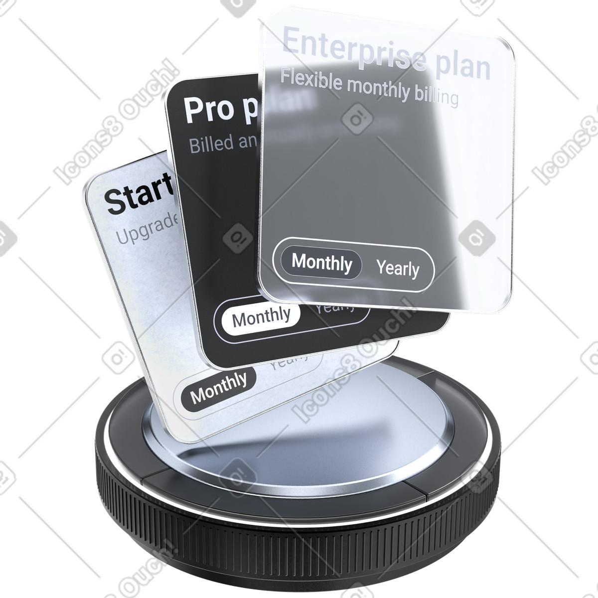 Ilustración Pricing plans comparison stack with monthly and yearly subscription options en estilo 3D Pro a descargar en PNG y SVG