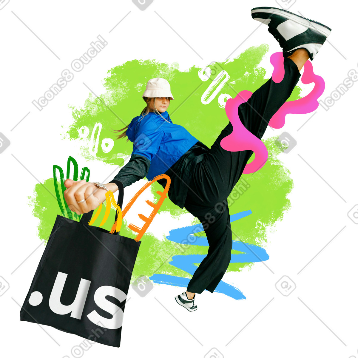 Illustration A dynamic collage of young woman with shopping bag dans le style Energy à télécharger aux formats PNG, SVG