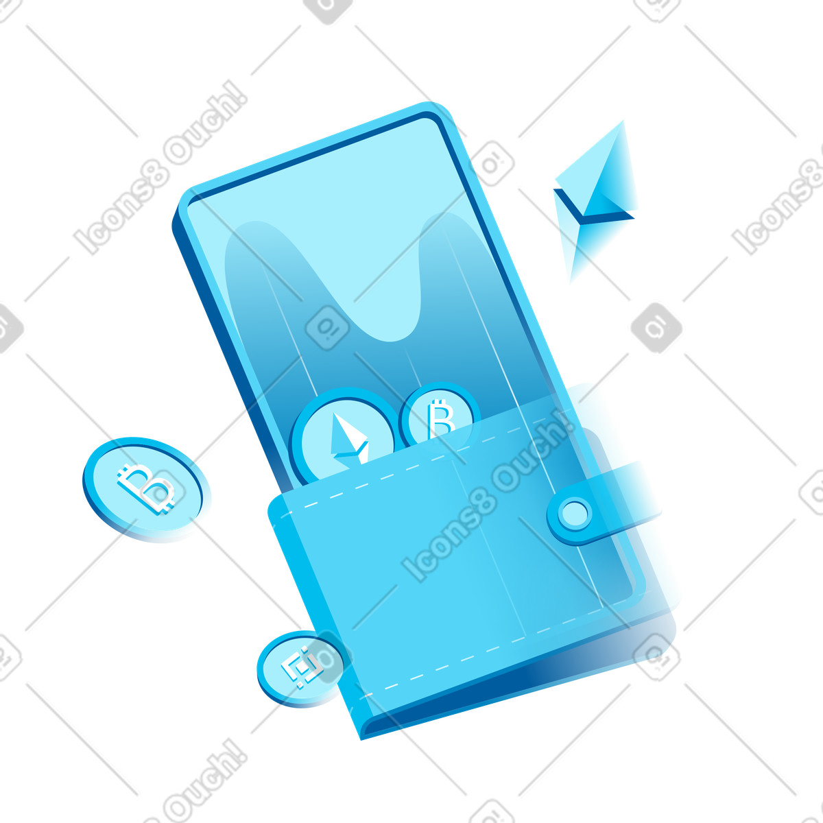 Virtual wallet with cryptocurrency, bitcoin, ethereum, binance illustration in PNG, SVG