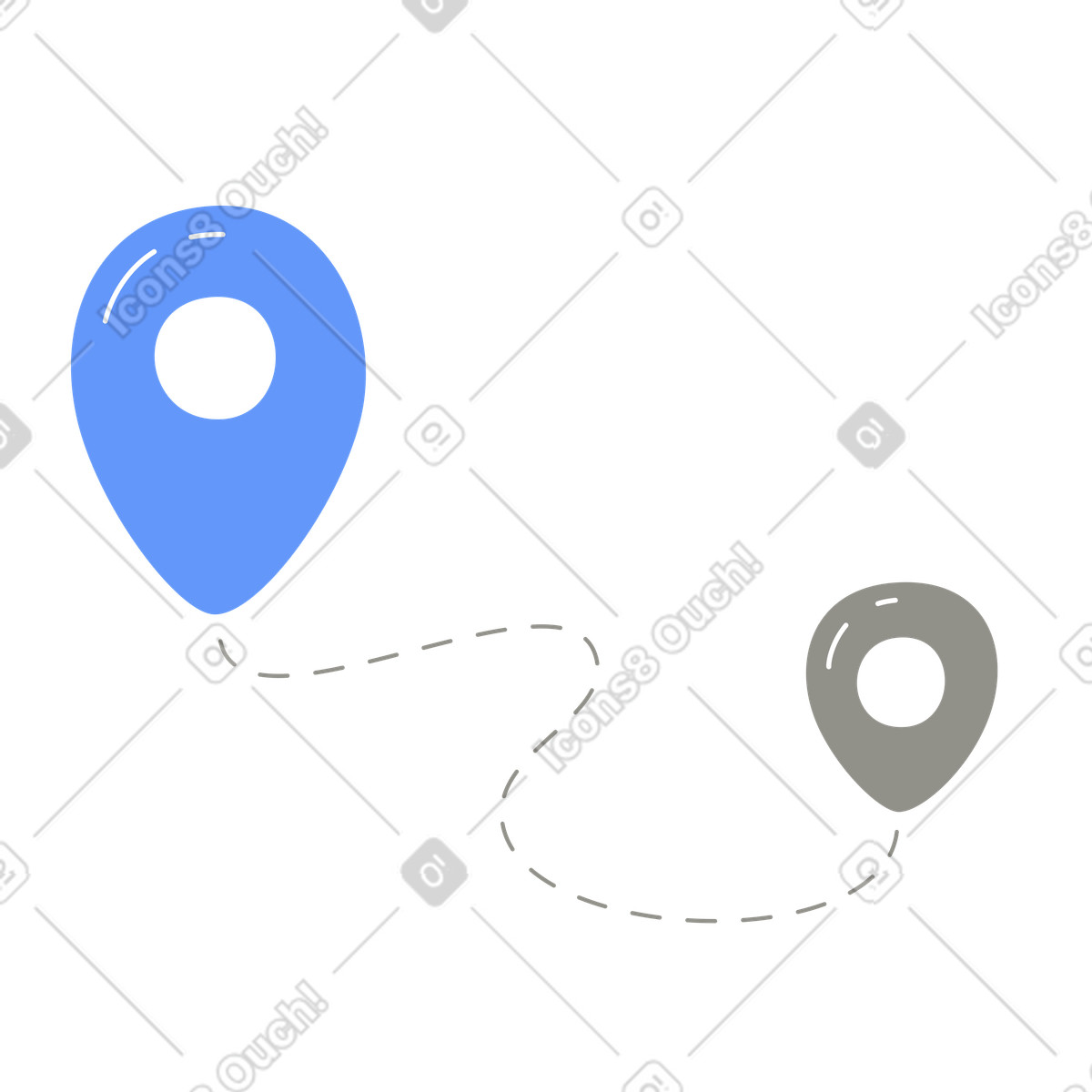 Dashed line connecting map pins, route planning and navigation illustration in Plain style download in PNG, SVG