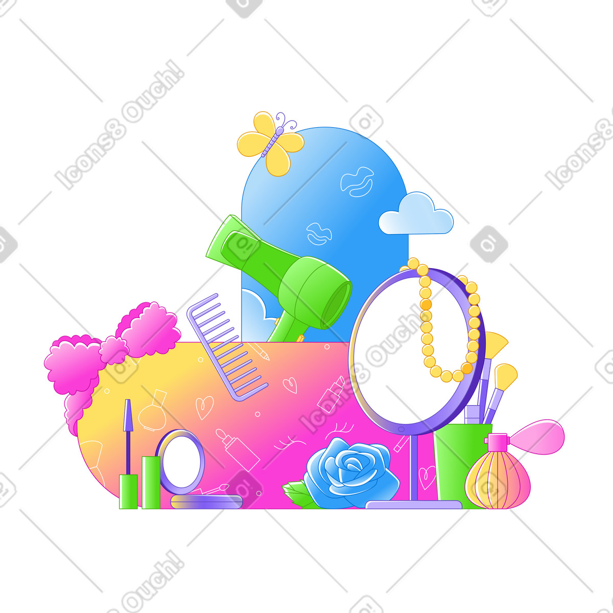 Specchio, prodotti di bellezza e accessori illustrazione in stile Rainbow scarica in PNG, SVG