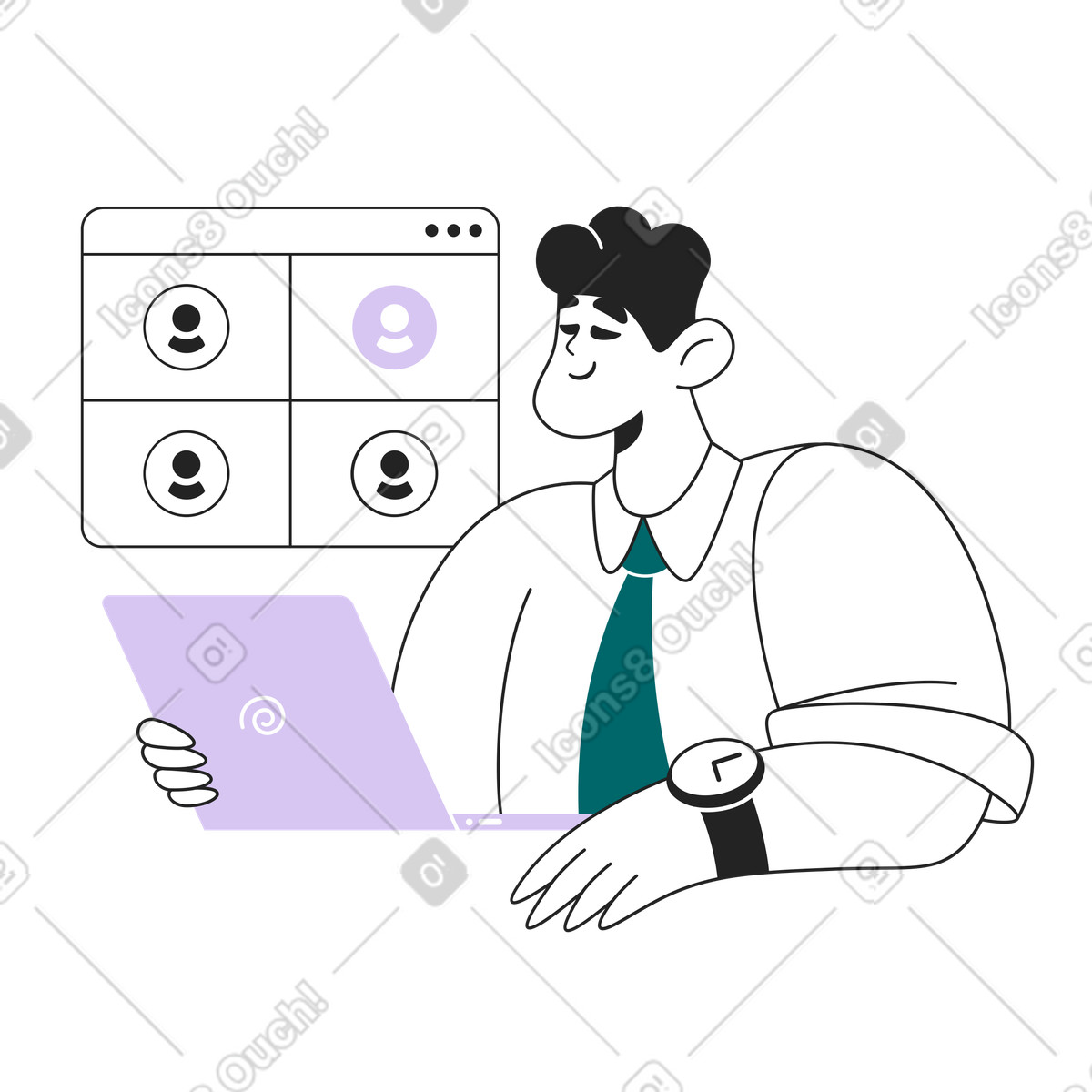 Employee participating in conference call, Communication while working from home-Illustration im Sammy Line-Stil als Download PNG, SVG