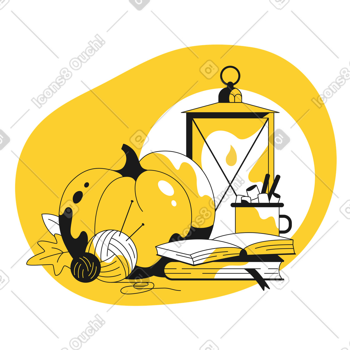 Pumpkins, books, marshmallow cocoa, lantern, knitting, and autumn leaves illustration in Taxi style download in PNG, SVG