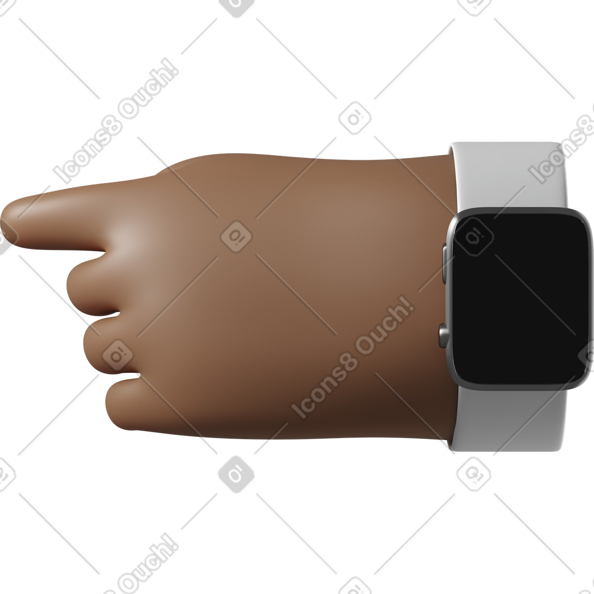 Dark brown skin hand with smartwatch turned off pointing left illustration in 3D Hands Fun&Wild style download in PNG, SVG