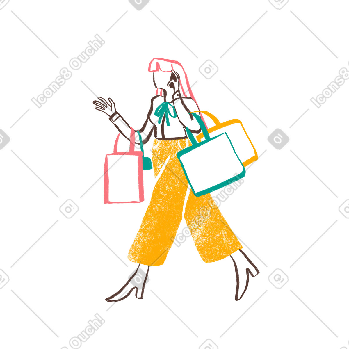 Stylish shopper carrying multiple bags, urban shopping and lifestyle illustration in Company style download in PNG, SVG
