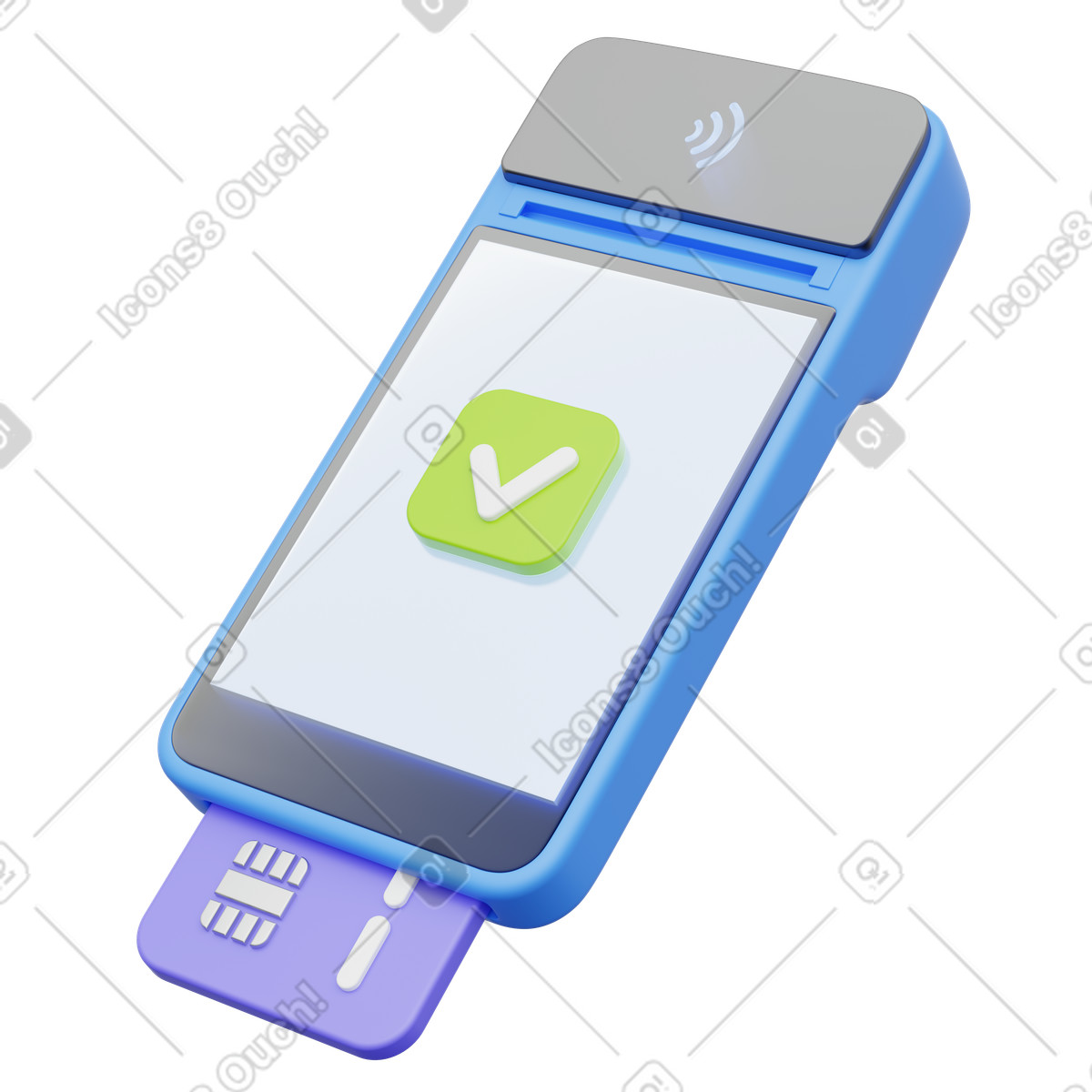 Card reader payment, Handheld terminal with chip and green checkmark, Approved transaction illustrazione in stile 3D Playful scarica in PNG, SVG
