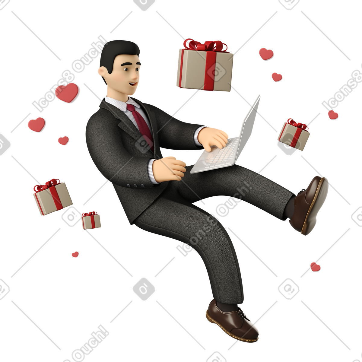Geschäftsmann mit laptop auf der suche nach einem romantischen geschenk-Illustration im 3D Business-Stil als Download in PNG, SVG