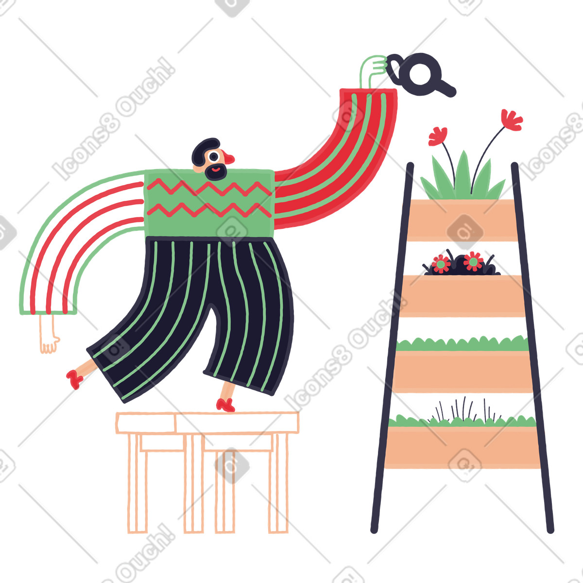 Ilustración Hombre regando plantas en un jardín vertical estilo Stripy a descargar PNG y SVG