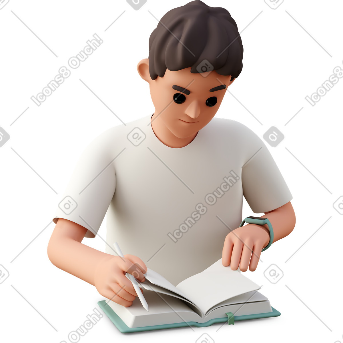 Illustration Young man reading book and holding pen dans le style 3D Casual life à télécharger aux formats PNG, SVG