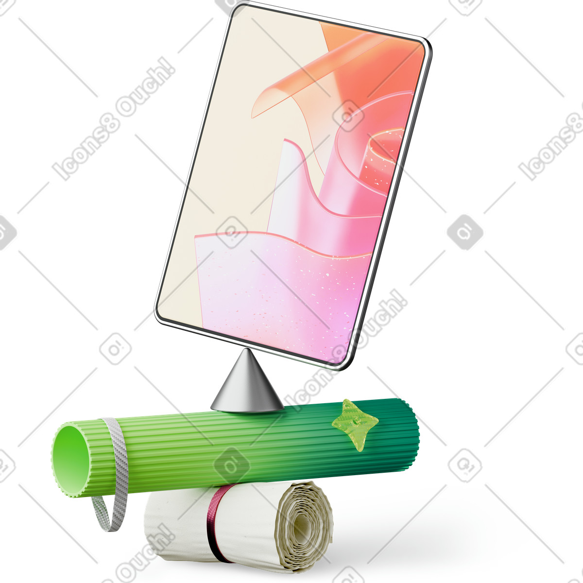 Composition with tablet and geometric shapes animierte Illustration im 3D Hygge-Stil als Download in GIF, Lottie (JSON), AE