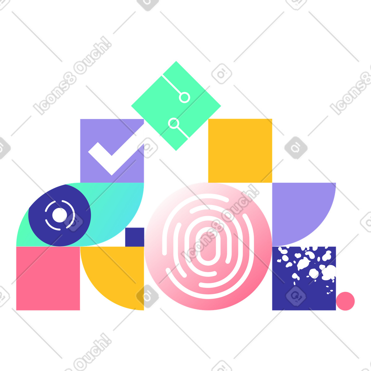 Abstrakte biometrische elemente und schaltkreise, cybersicherheit digitale identität, computer vision online-authentifizierung-Illustration im Bright-Stil als Download in PNG, SVG