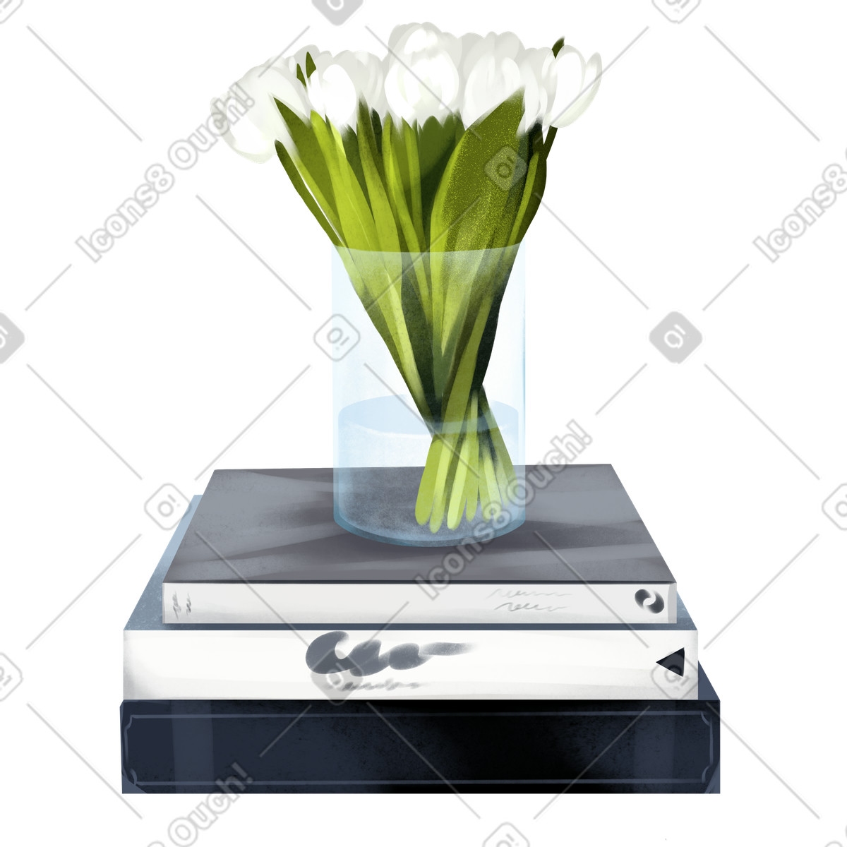 Vase with flowers on a stack of books illustration in Demure style download in PNG, SVG