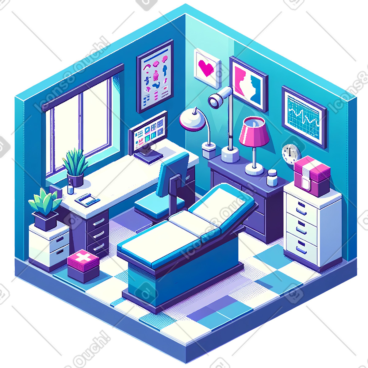 Illustration Cabinet de médecin pixel isométrique avec table d'examen dans le style Rooms à télécharger aux formats PNG, SVG