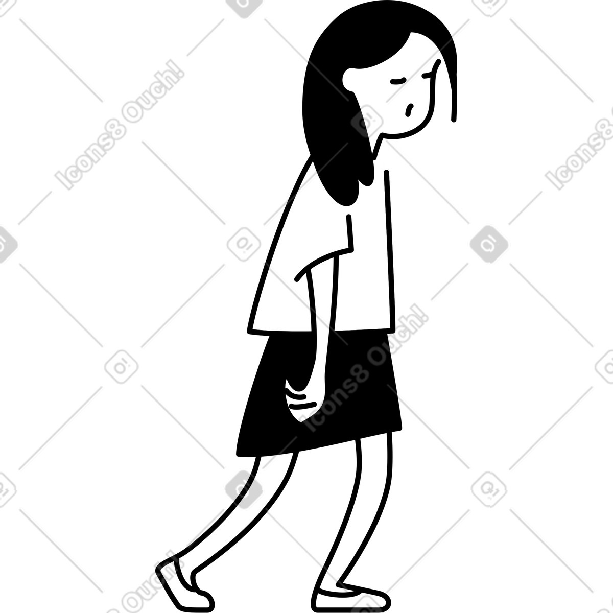 Illustration Exhausted woman dragging feet forward with drooping shoulders and head dans le style Notion Line Art à télécharger aux formats PNG, SVG
