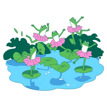 A vibrant blue pond is surrounded by lush green foliage. In the center of the pond, several frogs are wearing bright pink tutus. The frogs are in various poses, showcasing their ballet skills as they leap gracefully between large green lily pads. Some frogs are mid-air, with their limbs extending elegantly, while others are poised on the edges of the lily pads, preparing for their next move. Reflections of the frogs and lily pads shimmer on the water's surface, adding a dynamic element to the scene.