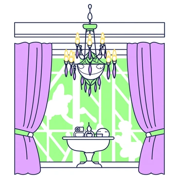 An elegant chandelier hangs from the ceiling, adorned with intricate glass crystals that catch the light. The chandelier has multiple arms, each holding a glowing bulb that emits warm light. Below the chandelier, the room is filled with shimmering reflections on the walls and floor. The reflections create a mesmerizing pattern that dances with the changing angles of light. Surrounding the chandelier, the decor features opulent drapes and ornate furniture, enhancing the luxurious atmosphere.