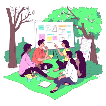 A group of four coworkers is sitting on a bright green blanket spread over the grass in a sunny park. They are engaged in a brainstorming session, surrounded by blooming flowers and tall trees casting gentle shadows. One coworker is holding a yellow notebook, actively jotting down ideas, while another is pointing towards a whiteboard set up nearby, filled with colorful notes and diagrams. A third coworker is sipping from a teal water bottle, contributing to the discussion, and the fourth is leaning back on their elbows, deep in thought. Sunlight filters through the leaves, creating a lively and energetic atmosphere.