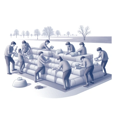 Villagers in China working together to build sandbag barriers against floodwaters