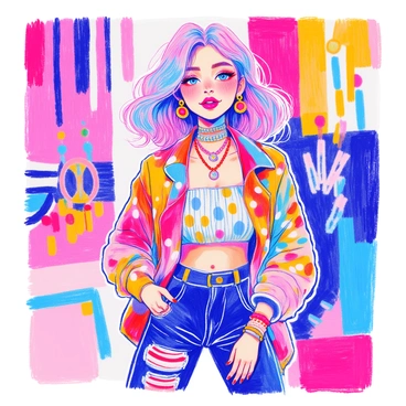 A girl is standing confidently in a dynamic pose. She has bold, dramatic makeup featuring bright red lips and striking eyeliner. Her hair is styled in a vibrant color, possibly pink or blue, cascading down her shoulders. She is wearing a colorful outfit that includes a mix of patterns and textures, such as polka dots and stripes. Accessories, like oversized earrings and a chunky necklace, enhance her look. The background is filled with abstract shapes and patterns that echo the colors of her attire.