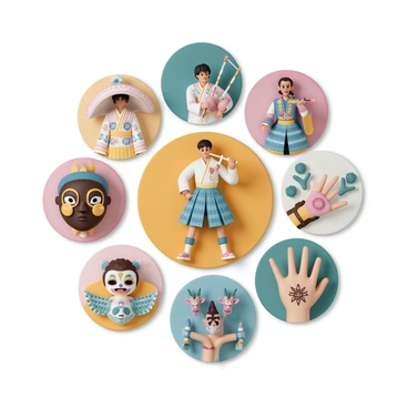 A vibrant collage featuring multiple mini illustrations that represent different cultures and traditions. Each mini illustration includes unique elements such as "a traditional Japanese kimono adorned with intricate patterns," "a Mexican sombrero with bright colors and decorative embroidery," and "a Scottish bagpiper wearing a tartan kilt and playing the bagpipes." There are also "African tribal masks with bold colors and patterns," "Indian henna designs intricately drawn on a hand," and "a Chinese dragon dance with performers in colorful costumes." The overall composition showcases a harmonious blend of diverse cultural symbols and artistic styles, each contributing to the rich tapestry of global traditions.