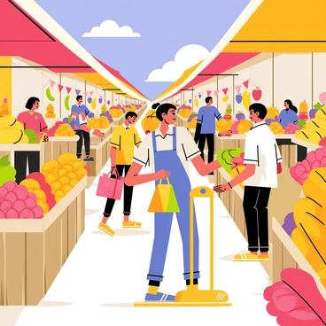 A vibrant fruit market filled with an array of colorful fruits displayed on wooden stalls. Fresh oranges, bananas, apples, and strawberries are piled high. There are shoppers interacting with vendors, some holding bags filled with fruits, while others are examining the produce. The scene captures people of diverse backgrounds, all engaged in lively conversation. In the foreground, a vendor is weighing fruits on a scale, while in the background, a bright blue sky peeks through colorful awnings overhead. The perspective emphasizes the variety and liveliness of the market.