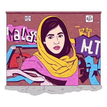 A large mural of "Malala" is painted on a brick city wall, her expression determined and inspiring. She is depicted with dark hair and wearing a bright scarf, accentuating her features. Surrounding the mural, there are layers of "vibrant graffiti art," showcasing a range of styles and colors that create a dynamic backdrop. The graffiti includes abstract shapes, bold lettering, and colorful patterns that enhance the overall visual impact of the scene. The wall is textured, with patches of peeling paint and visible brick, adding character to the urban environment.