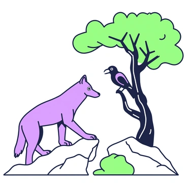 A grey wolf stands on a rocky outcrop, its fur sleek and well-groomed. Its sharp, attentive eyes are focused on a raven that is perched on a nearby tree branch. The tree has gnarled branches and a dense canopy, with leaves partially obscuring the view of the raven. The raven has glossy feathers and its beak is slightly open, as if calling out. The background features a soft gradient of natural elements that enhance the scene, while the wolf remains poised, ready to observe every movement of the bird.