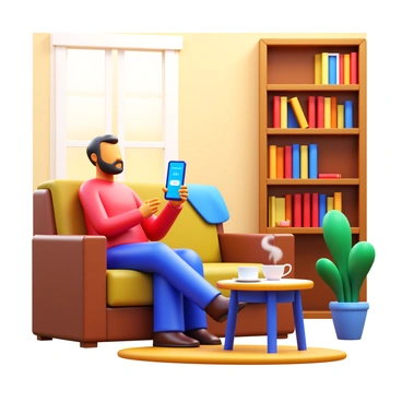 A person sitting on a comfortable sofa in a cozy living room. The individual is holding a smartphone displaying an AI assistant interface. The living room features warm lighting, a small coffee table with a steaming cup of tea, and a bookshelf filled with books. A soft throw blanket is draped over the sofa, and a potted plant is in the corner of the room. The person appears engaged in conversation, looking at the phone with focus.