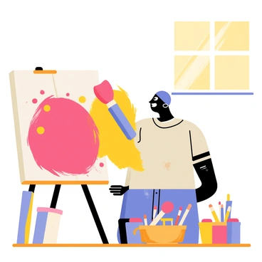 A person standing in front of a large canvas, actively painting with a wide brush. The strokes on the canvas are vibrant and colorful, featuring bold reds, bright yellows, and deep blues. The person has an expression of concentration and happiness on their face, with splatters of paint on their clothes. The surrounding area has various paint tubes and brushes scattered on a wooden table. Sunlight streams in from a nearby window, illuminating the scene and enhancing the vivid colors.