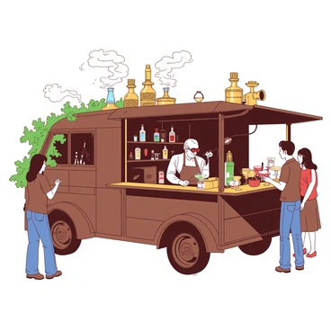 A brown steampunk-themed truck with intricate gears and pipes is parked in a bustling outdoor setting. The truck has polished brass detailing and a large serving window adorned with ornate glass. Inside, colorful bottles of liquor are displayed on wooden shelves, illuminated by soft golden lights. A bartender, wearing vintage goggles and a leather apron, is expertly mixing a cocktail with swirling smoke rising from a nearby copper apparatus. Customers are gathered around, admiring the elaborate cocktails being served in unique glassware, as the truck's wheels are partially concealed by a vibrant green ivy creeping up the sides.