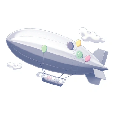An airship floats gently in the sky. It has a large, elongated structure with a prominent balloon section. Colorful balloons of various shapes and sizes are attached to the airship, adding a festive atmosphere. Banners are draped along the sides, fluttering slightly in the breeze, each one displaying a cheerful message for the celebration. The airship is surrounded by a few scattered clouds in the background, completing the festive scene.