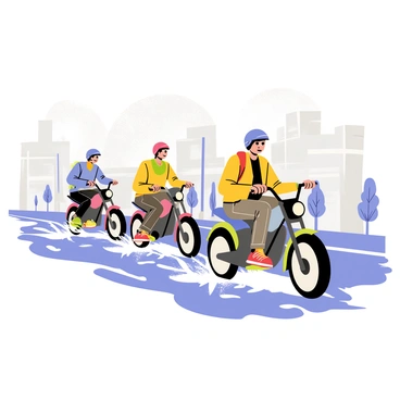 A group of bikers with colorful jackets riding their motorcycles on a rain-soaked street. Each biker has a distinct helmet, and they are splashing through large puddles on the asphalt. Water droplets and splashes are flying around as the bikes zoom past. The street reflects the gray clouds above, creating a dynamic scene filled with motion and excitement. The background features blurred outlines of trees and buildings, adding depth to the illustration.