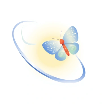 A delicate butterfly with iridescent blue and orange wings is depicted in mid-flight. Its wings are fully extended and show intricate patterns of dots and swirls. The background features a soft gradient transitioning from light yellow at the bottom to a pale blue at the top. The butterfly's flight trajectory is illustrated as a gentle parabolic curve, with a smooth, flowing line that highlights the graceful movement of its path through the air. The curve starts from the bottom left, rising elegantly towards the top right, emphasizing the butterfly's fluttering motion.
