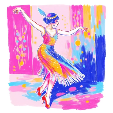 A flapper dancer is captured in a dynamic pose, showcasing her elegance and grace. She is wearing a sparkling dress adorned with sequins and fringes that catch the light. Her hair is styled in a classic bob haircut, featuring finger waves. She has a beaded headband that holds a single feather in place. The dancer's arms are raised, accentuating her movements, while her high-heeled shoes add to the overall glamour. The background features geometric patterns that complement her outfit.