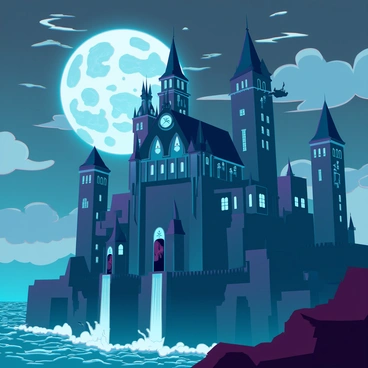 A dark and moody gothic castle with towering spires and intricate stone carvings. It is perched precariously on a rocky cliff, overlooking a turbulent sea below. The sky is filled with swirling clouds, illuminated by a bright full moon casting eerie shadows across the castle's façade. Gargoyles and other dark figures are positioned at the edges of the roof, adding to the ominous atmosphere. The moonlight reflects off the castle's stained glass windows, creating an ethereal glow that contrasts with the surrounding darkness.