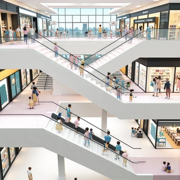 A bustling shopping mall with escalators transporting people between levels