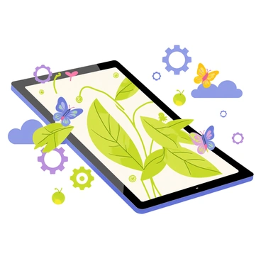 A digital collage featuring a sleek tablet with a glowing screen displaying vibrant green leaves and intricate floral patterns. Surrounding the tablet are small gears and circuit board designs intermingled with colorful butterflies. In the background, there are blue skies and fluffy white clouds, melding the themes of technology and nature harmoniously. The overall composition combines elements of both worlds to create a visually striking scene.