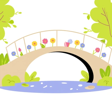 A whimsical bridge with curved, mirrored arches spans a small, clear stream. The bridge is decorated with vibrant flowers in a variety of colors, growing along the edges of the arches. The water below reflects the arches and the surrounding greenery, creating a sense of harmony. Soft ripples in the stream add texture to the scene, while small pebbles line the stream bed. Lush trees with delicate leaves frame the bridge, enhancing the idyllic atmosphere.
