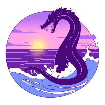 A massive sea serpent is rising majestically from the ocean waves, creating splashes of water around it. The serpent's long, sinuous body is partially submerged, showcasing its scales glimmering in the light. The sun is setting on the horizon, casting golden and purple hues across the sky, with the ocean reflecting those colors. The silhouette of the serpent is dramatic against the backdrop of the vibrant sunset, emphasizing its formidable presence.