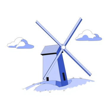 A windmill is positioned on a hilltop, with its blades spinning in the wind. The structure has a tall, wooden tower with a thatched roof. The blades have a sleek design, angled to catch the breeze. Below the windmill, the hill slopes gently, covered with grass. The sky above is filled with billowing clouds, creating a dynamic backdrop that emphasizes the movement of the windmill.