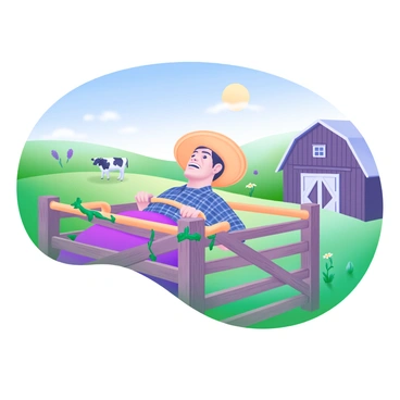 A farmer wearing a plaid shirt and a straw hat is performing chest dips on a wooden fence in a rural setting. The wooden fence is weathered and partially covered in green vines. In the background, there are rolling green fields dotted with wildflowers and a few grazing cows. A rustic barn is visible to the side, with a clear blue sky overhead. The sun casts soft, warm light across the scene, illuminating the farmer's focused expression.